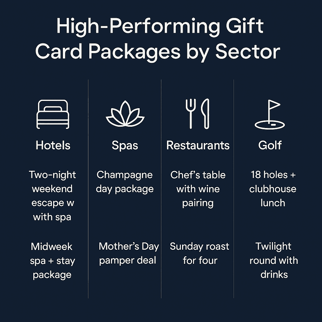 Grid showing high-performing gift card package ideas for hotels, spas, restaurants, and golf clubs