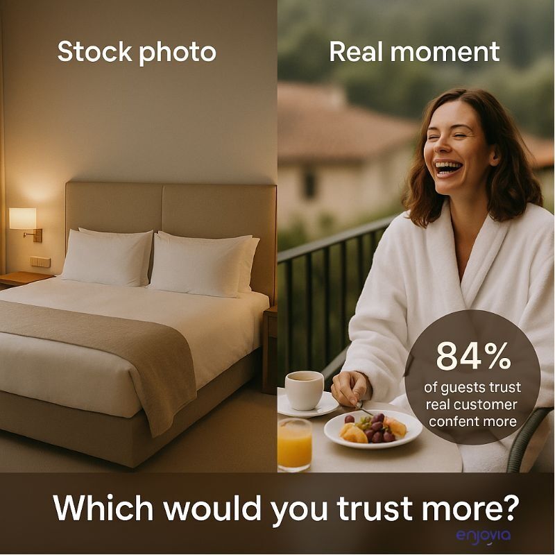 Side-by-side image comparing a stock hotel room photo with a real guest enjoying breakfast.