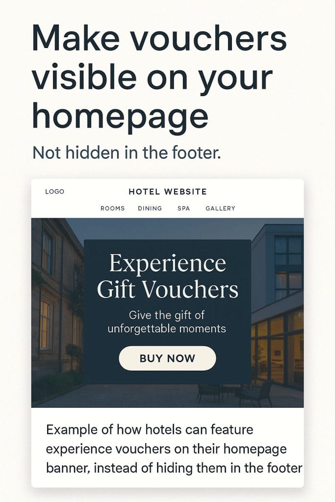 Mock-up showing a hotel homepage with a hero banner for experience gift vouchers, designed to instruct hoteliers how to display vouchers prominently.