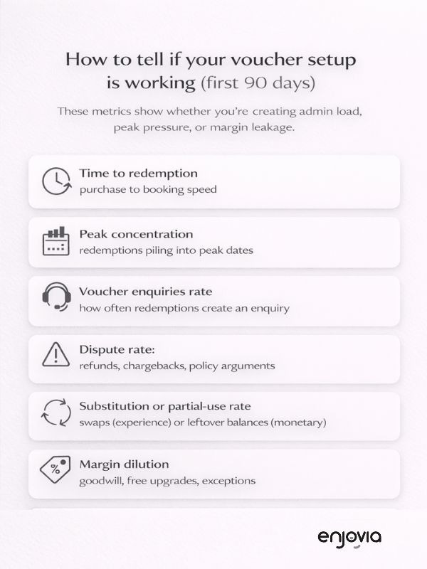  First 90 days voucher metrics for hotels: time to redemption, peak concentration, enquiries rate, disputes, substitutions, margin dilution.
