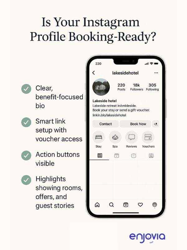 Instagram profile mockup for a hotel showing booking-ready setup with smart links, highlights, and action buttons.
