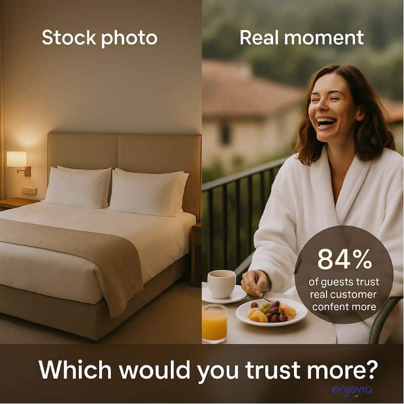 Side-by-side image comparing a stock hotel room photo with a real guest enjoying breakfast.