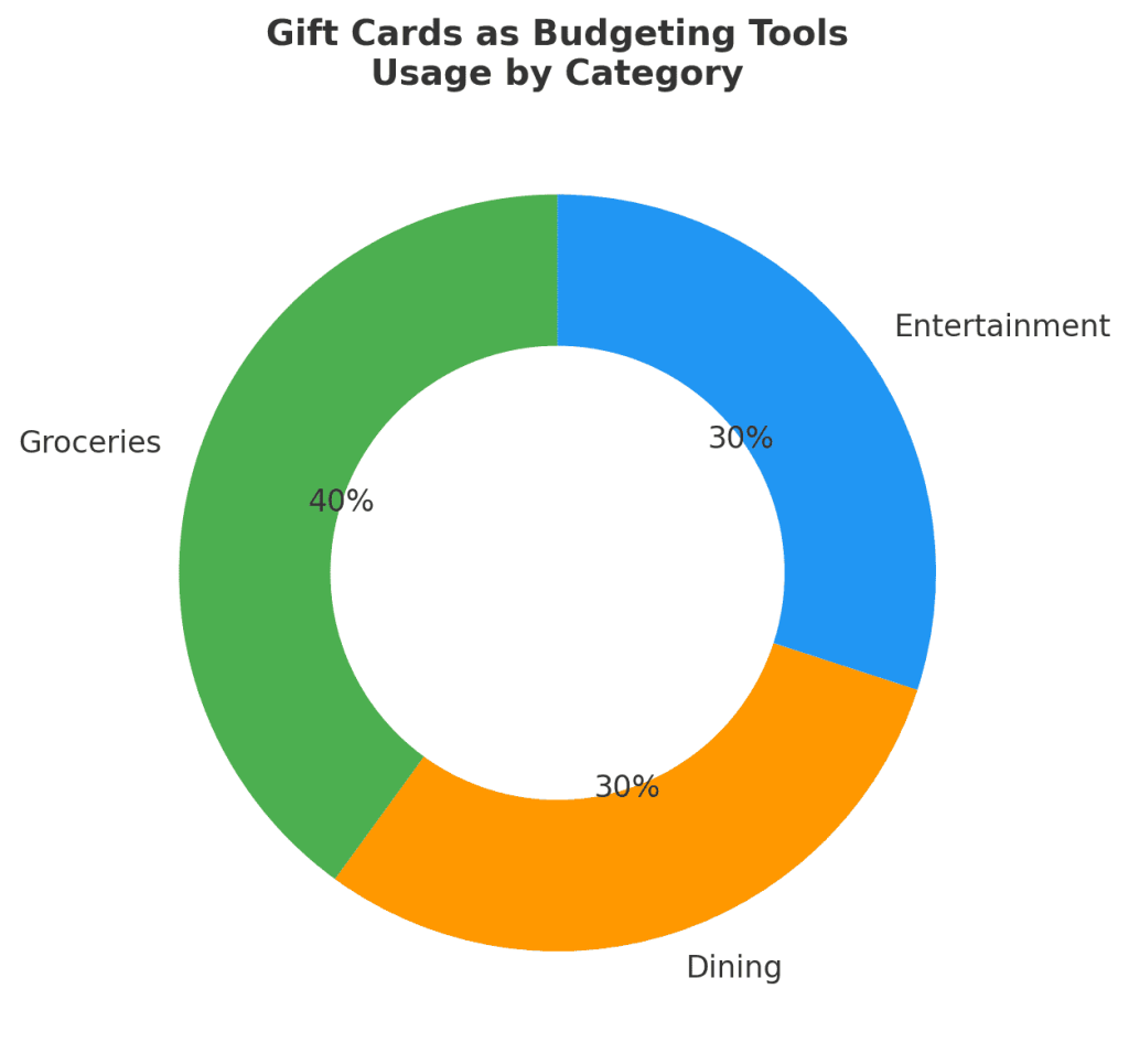 Donut chart showing digital gift card use for budgeting: 40% groceries, 30% dining, 30% entertainment