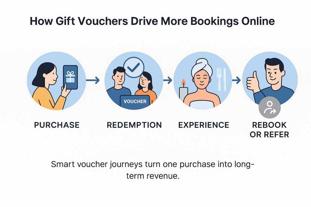 Diagram showing how gift vouchers lead from purchase to redemption, experience, and rebooking or referral. What is an OTA?