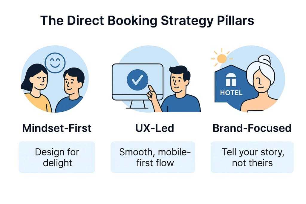 Three pillars of a direct booking strategy: mindset-first, UX-led, and brand-focused approach for hotels.