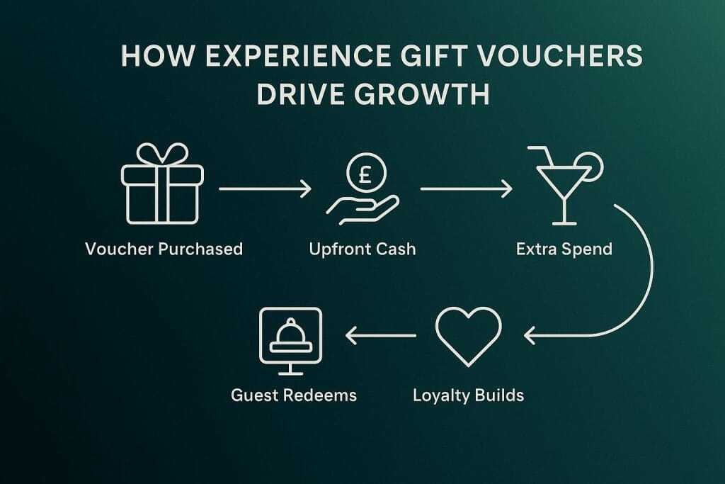 Infographic showing how experience gift vouchers drive growth, from purchase to upfront cash, redemption, extra spend, and guest loyalty.