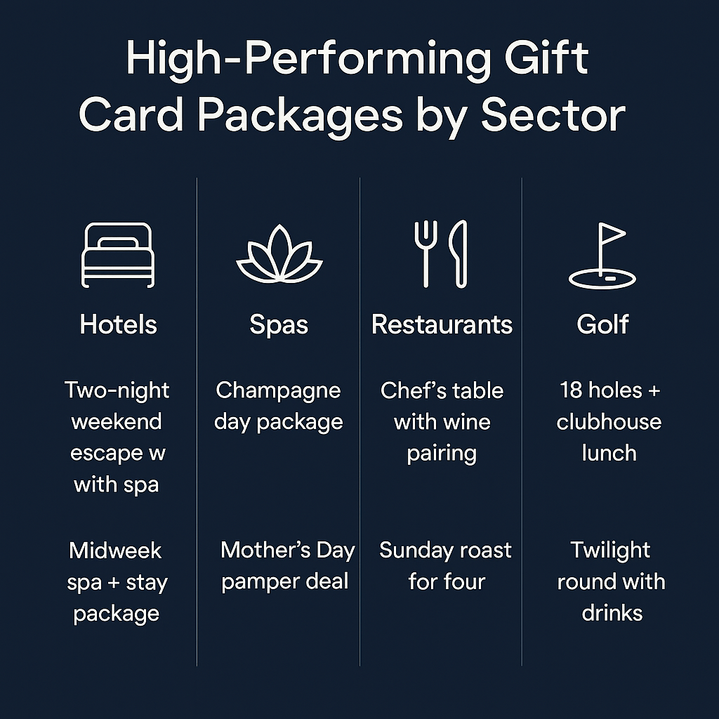 Grid showing high-performing gift card package ideas for hotels, spas, restaurants, and golf clubs