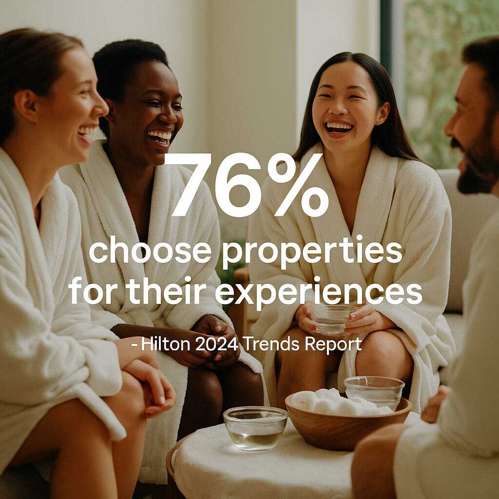 Four spa guests laughing together in robes with statistic overlay &ldquo;76% choose properties for their experiences - Hilton 2024.&rdquo;