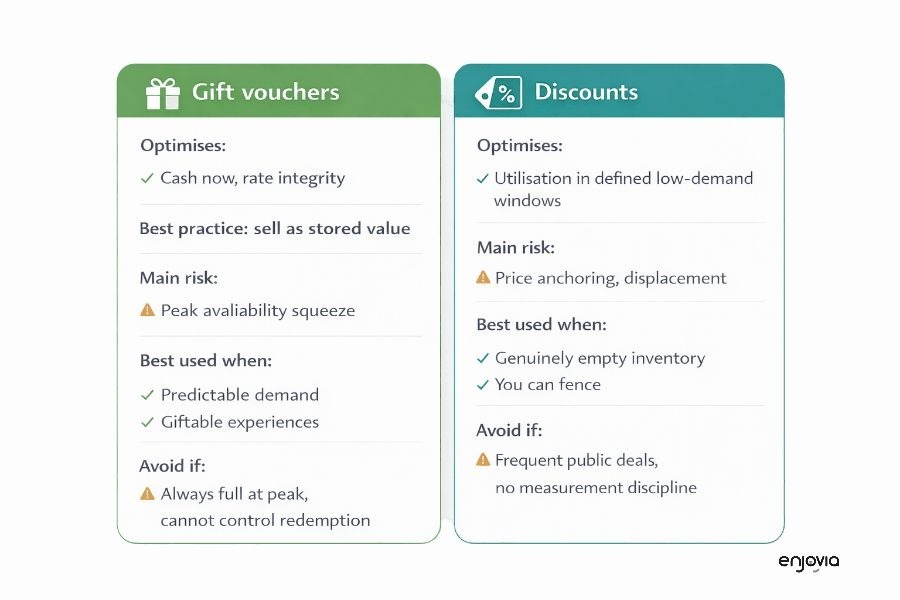 Side-by-side comparison of gift vouchers vs discounts for UK independent hotels